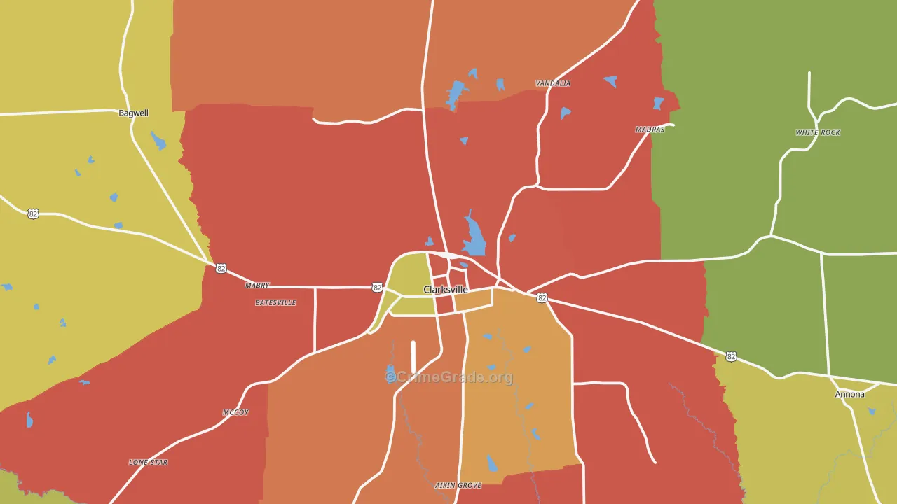 Clarksville, TX Map of Burglary Rates
