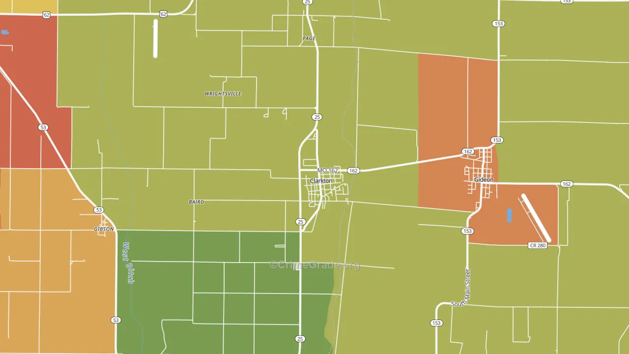 Clarkton, MO Map of Burglary Rates
