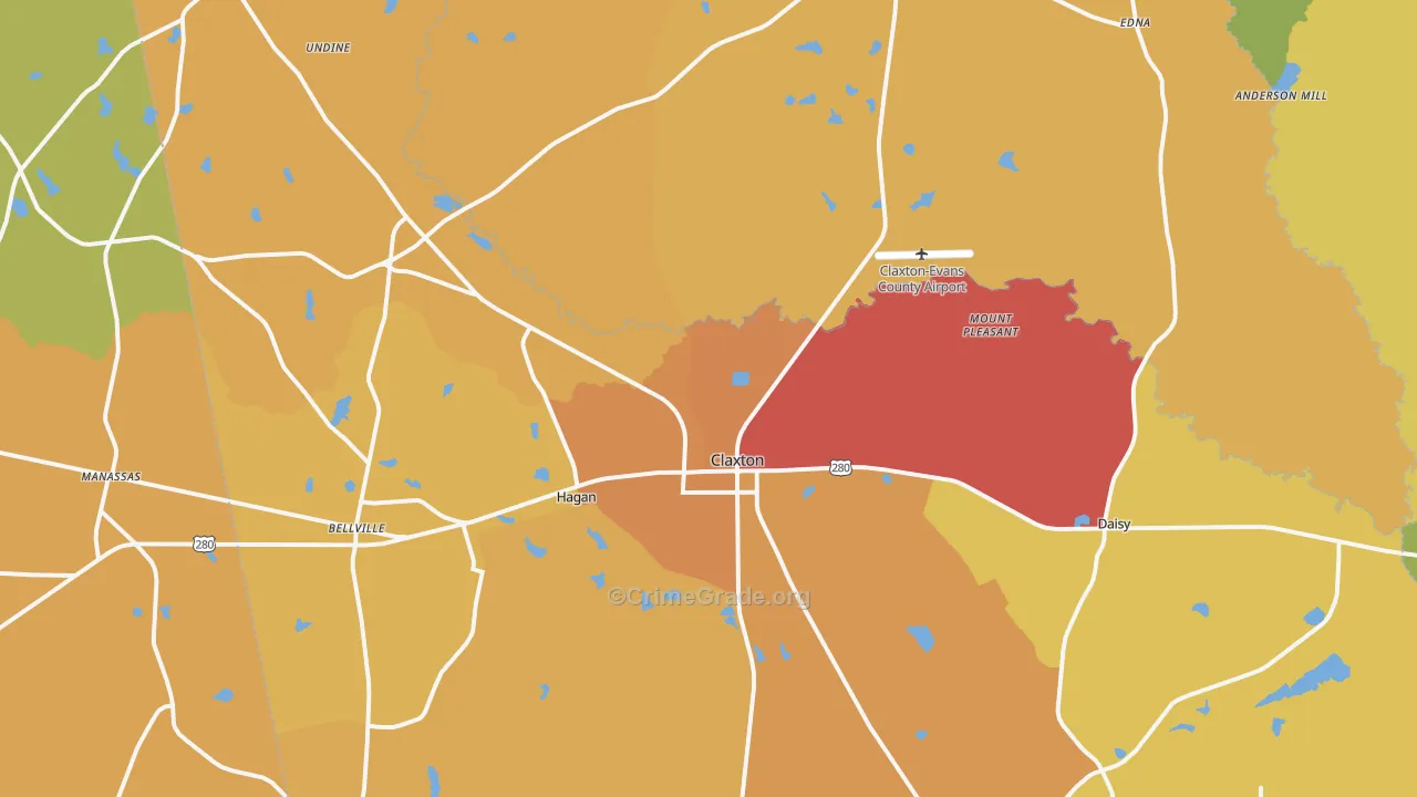 Claxton, GA Map of Burglary Rates