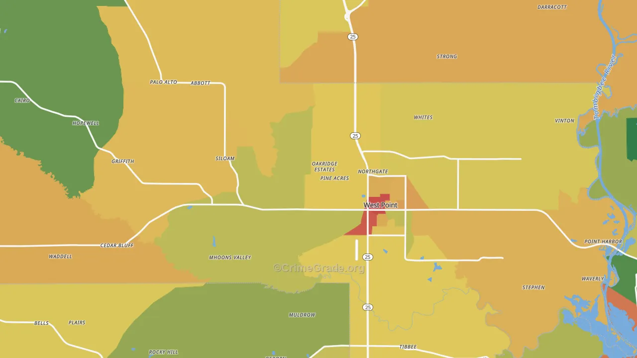 Clay County, MS Map of Burglary Rates