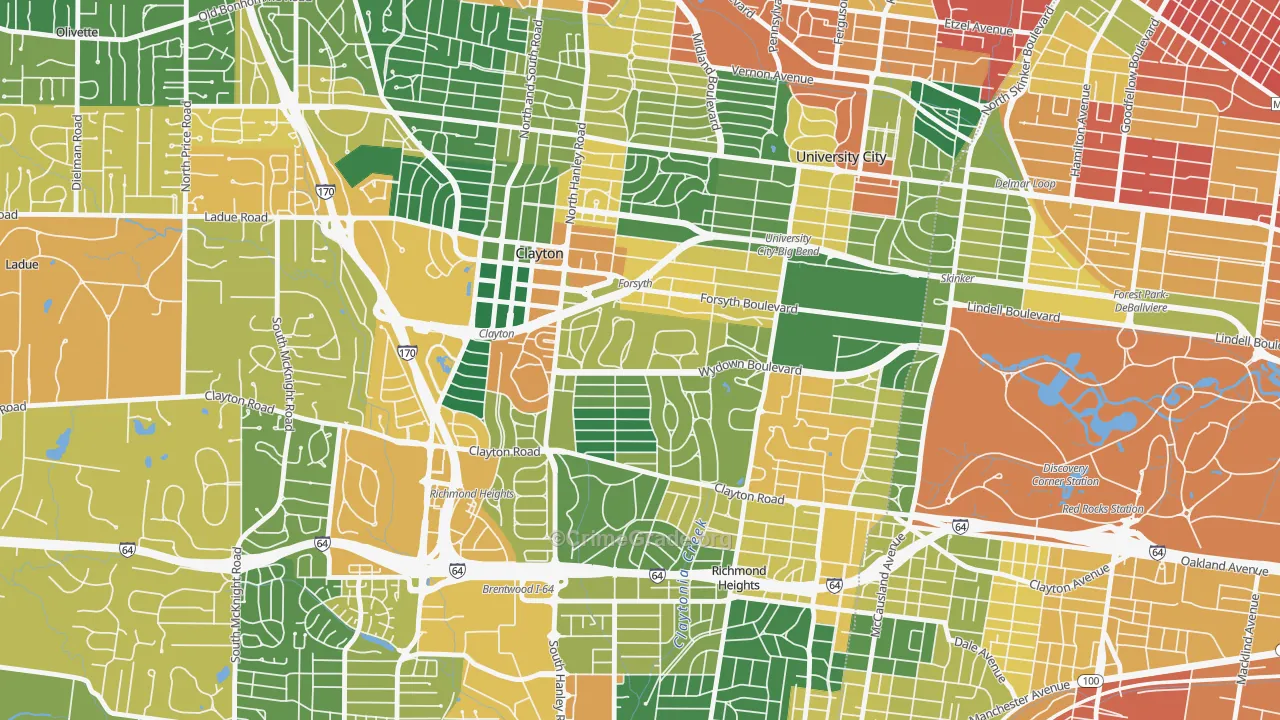 Clayton, MO Map of Burglary Rates