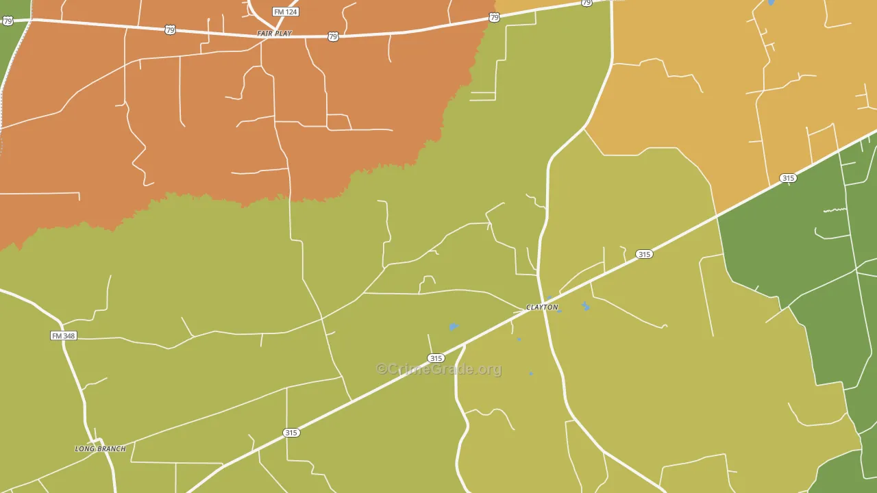 Clayton, TX Map of Burglary Rates
