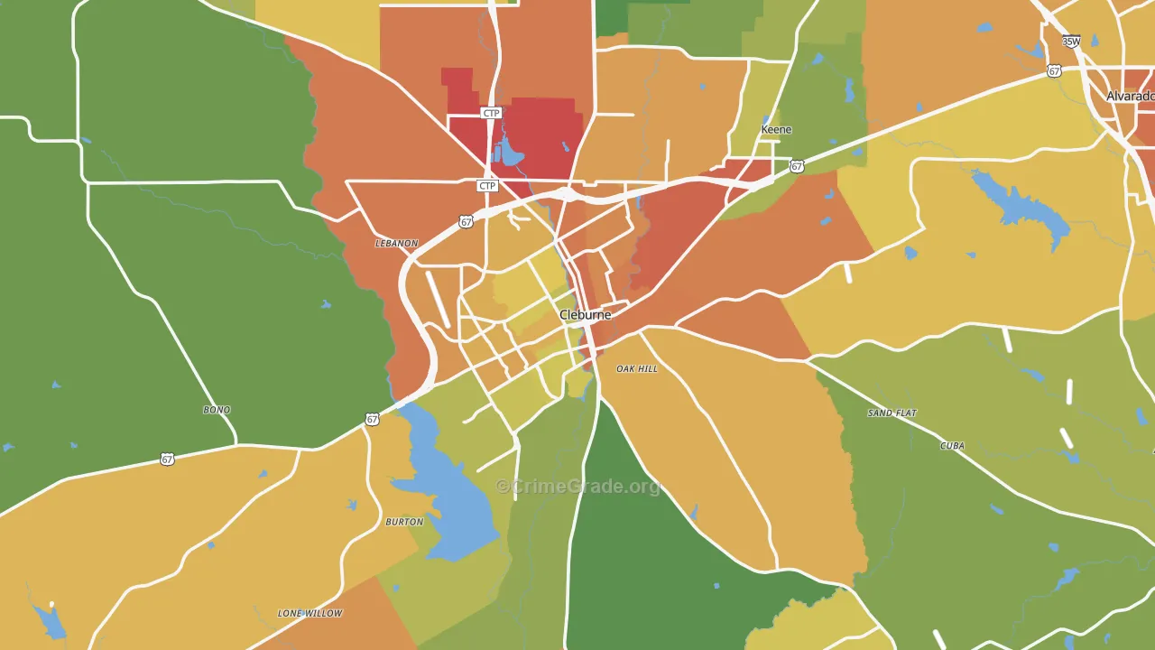 Cleburne, TX Map of Burglary Rates