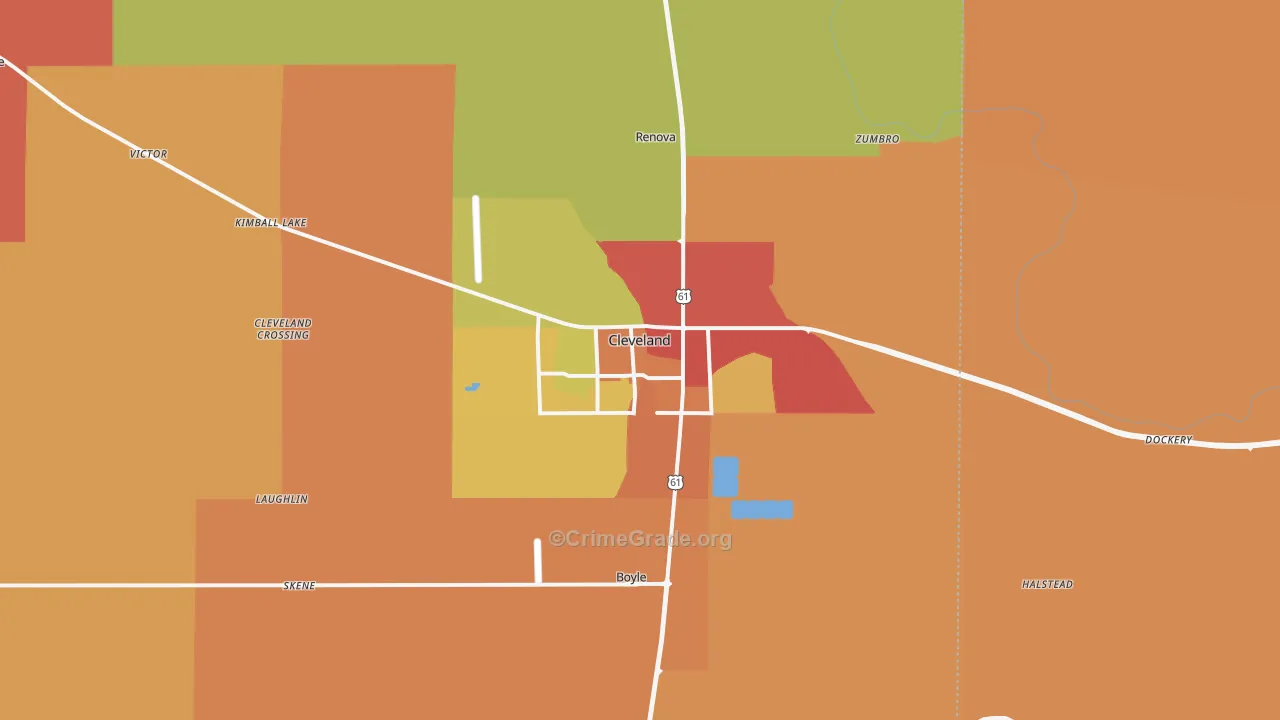Cleveland, MS Map of Burglary Rates