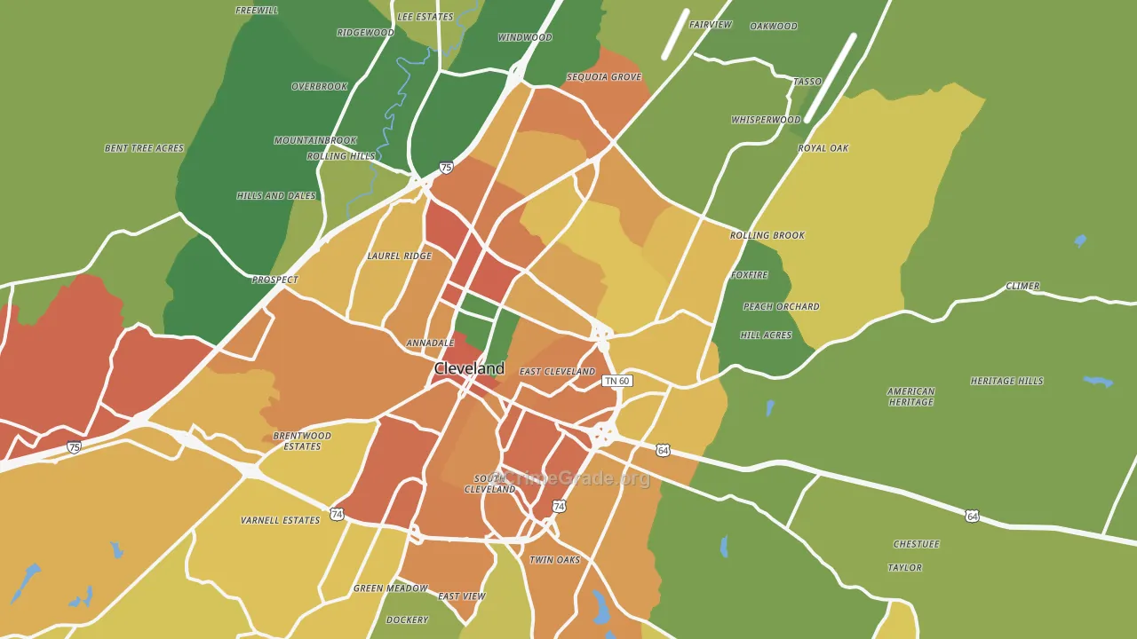 Cleveland, TN Map of Burglary Rates