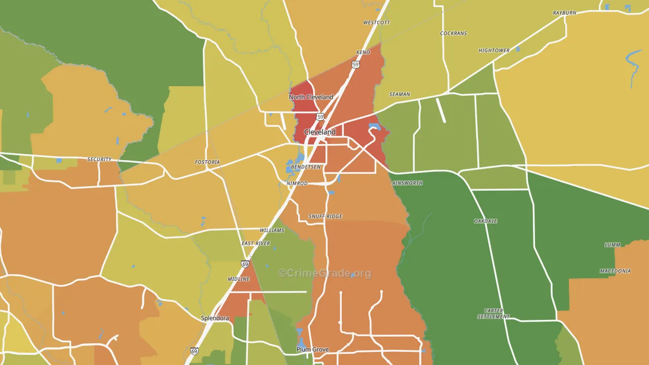 Cleveland, TX Map of Burglary Rates