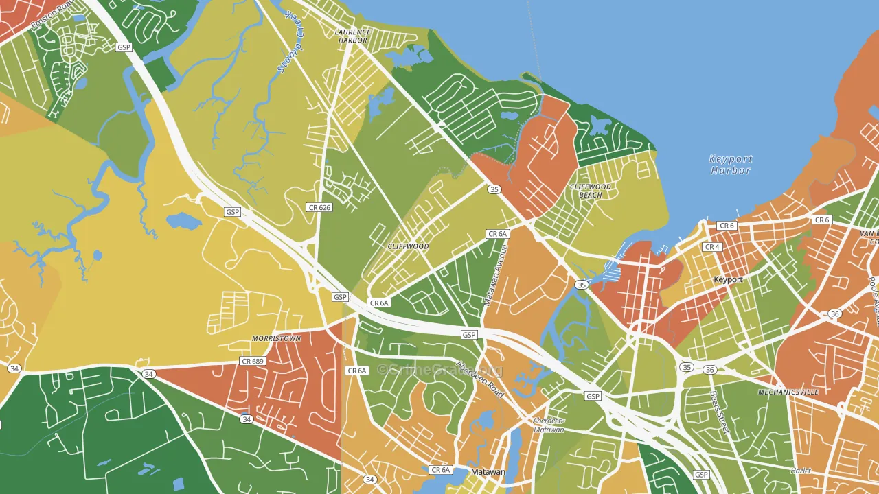 Cliffwood, NJ Map of Burglary Rates