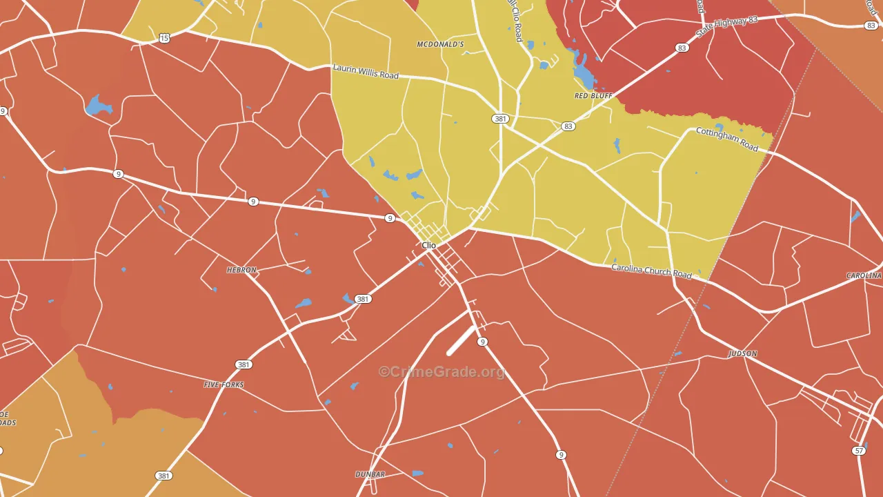 Clio, SC Map of Burglary Rates