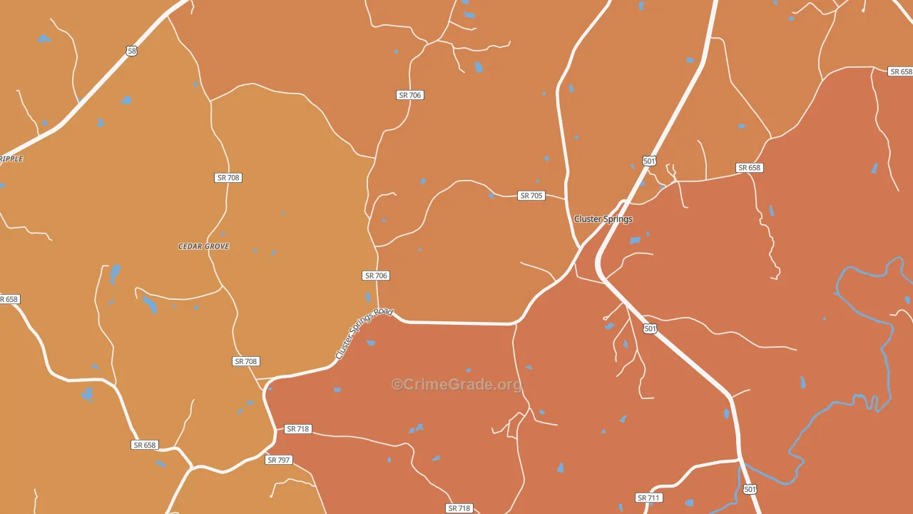 Cluster Springs, VA Map of Burglary Rates