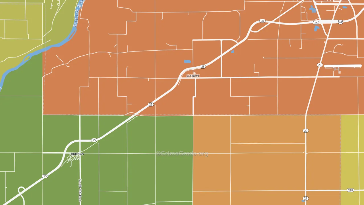 Clymers, IN Map of Burglary Rates