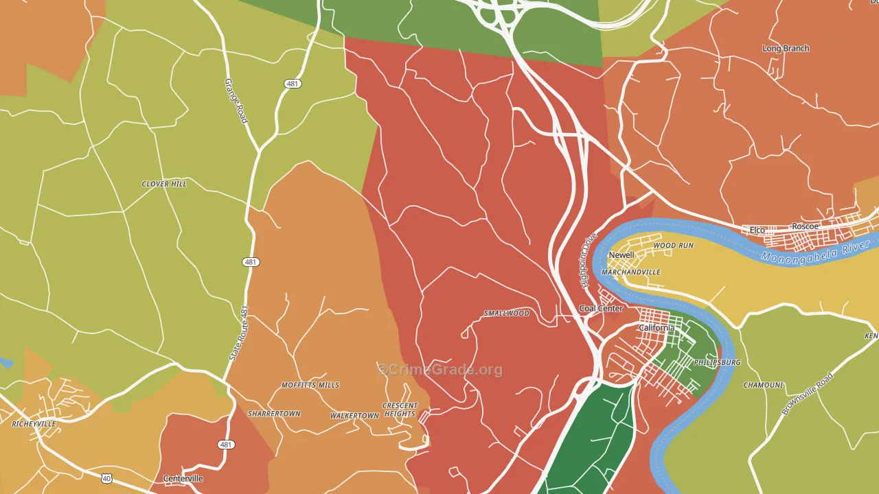 Coal Center, PA Map of Burglary Rates