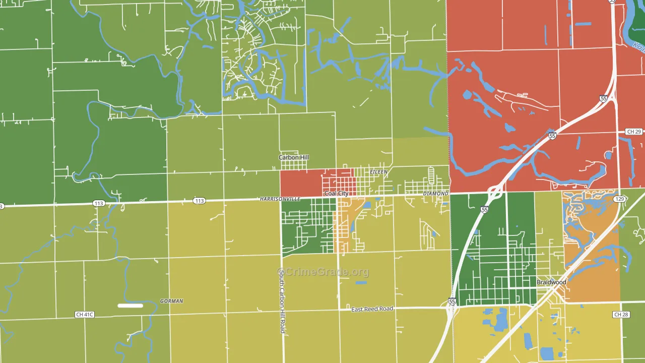 Coal City, IL Map of Burglary Rates