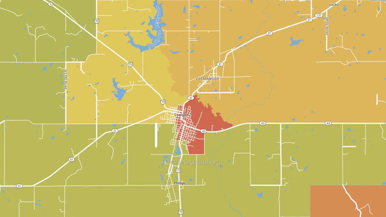 Coalgate, OK Map of Burglary Rates