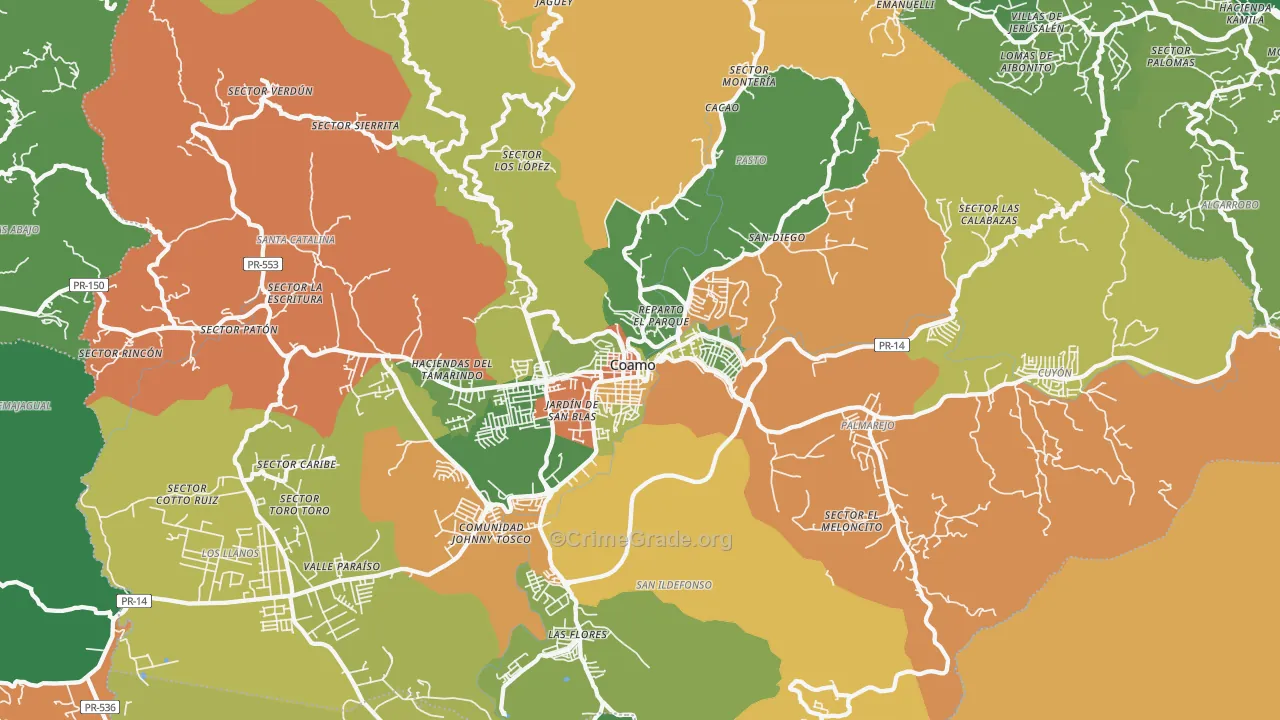 Coamo, PR Map of Burglary Rates