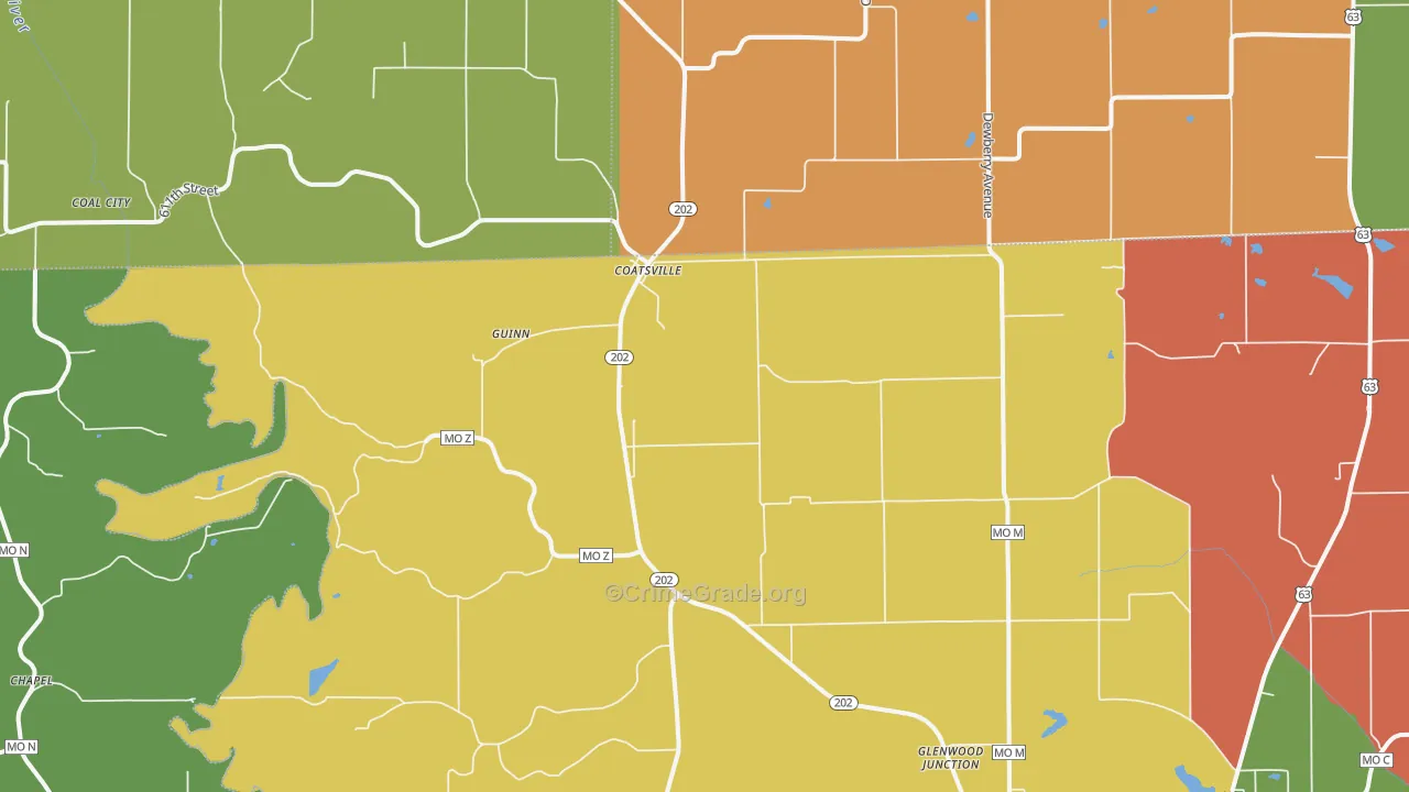 Coatsville, MO Map of Burglary Rates