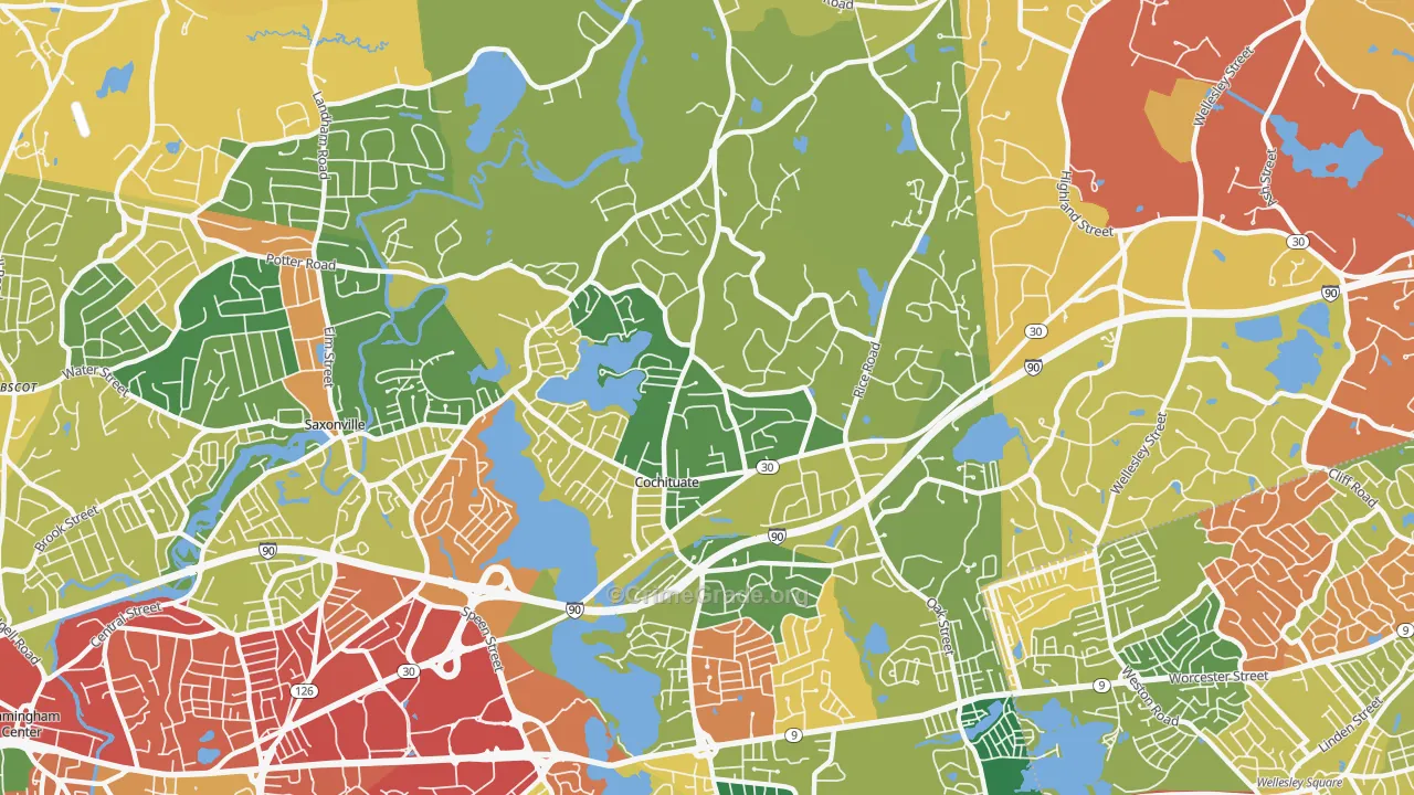 Cochituate, MA Map of Burglary Rates