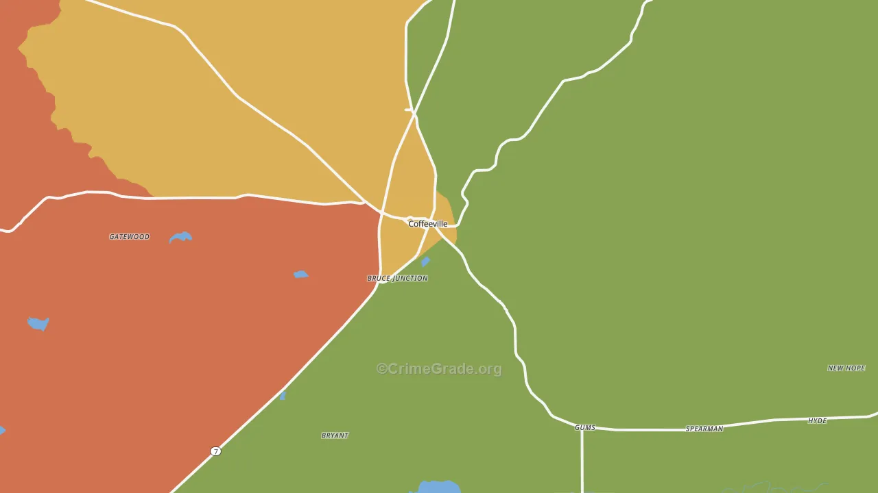 Coffeeville, MS Map of Burglary Rates