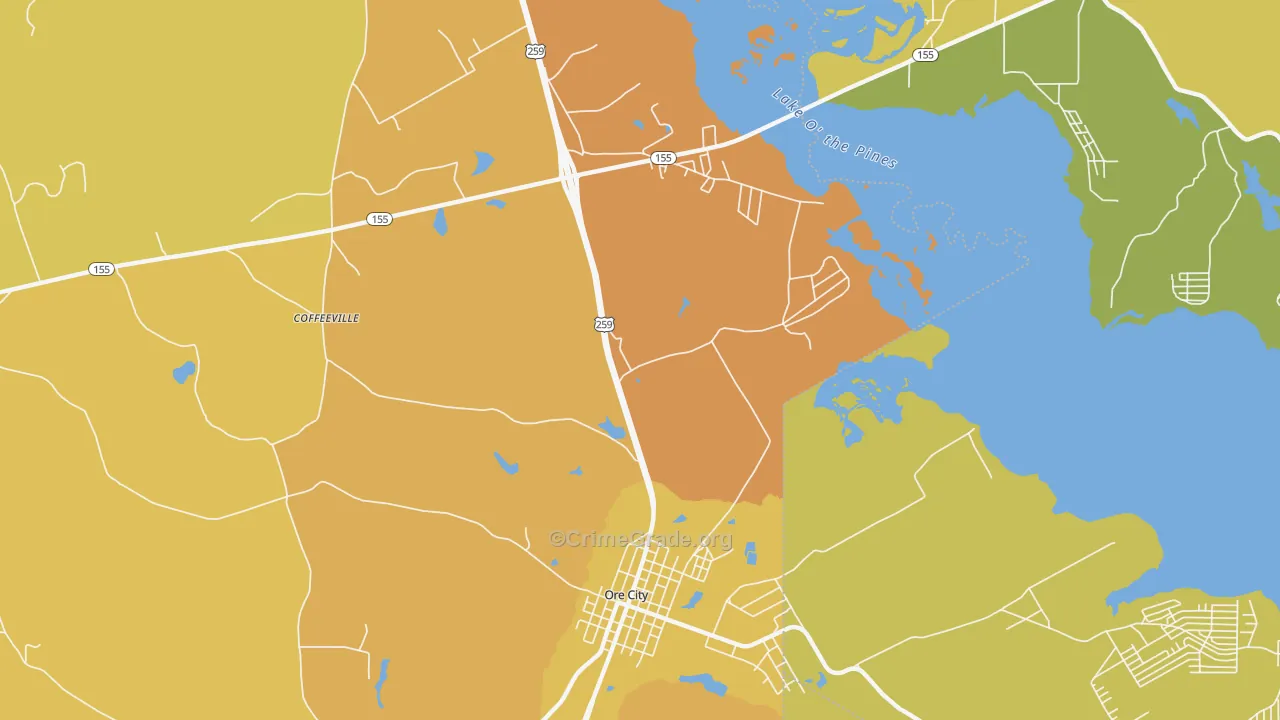 Coffeeville, TX Map of Burglary Rates