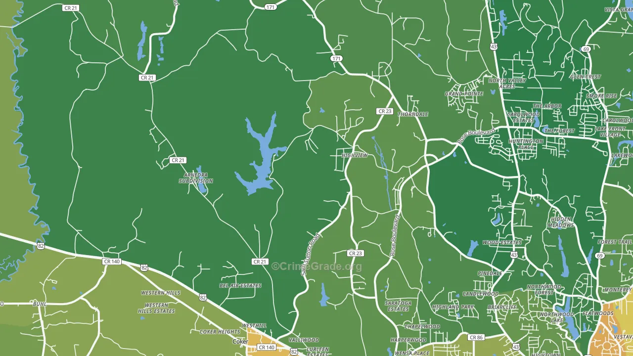 Coker, AL Map of Burglary Rates