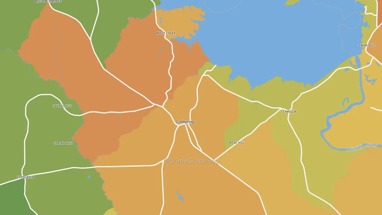Coldspring, TX Map of Burglary Rates