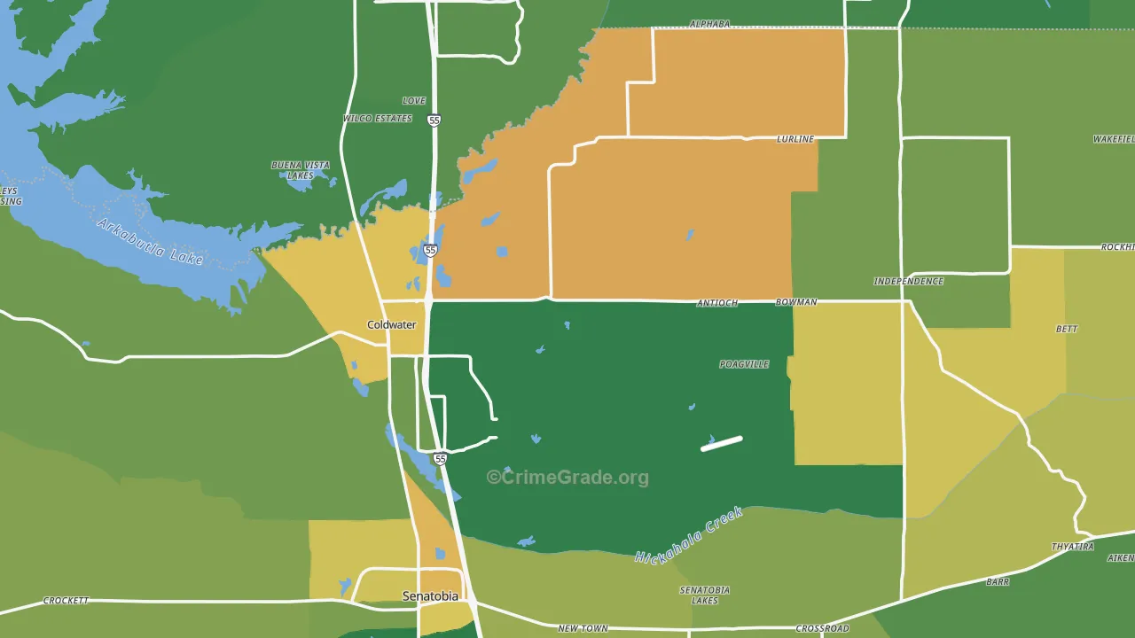Coldwater, MS Map of Burglary Rates
