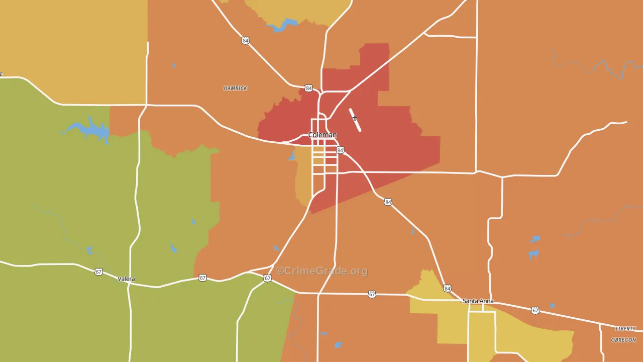 Coleman County, TX Map of Burglary Rates