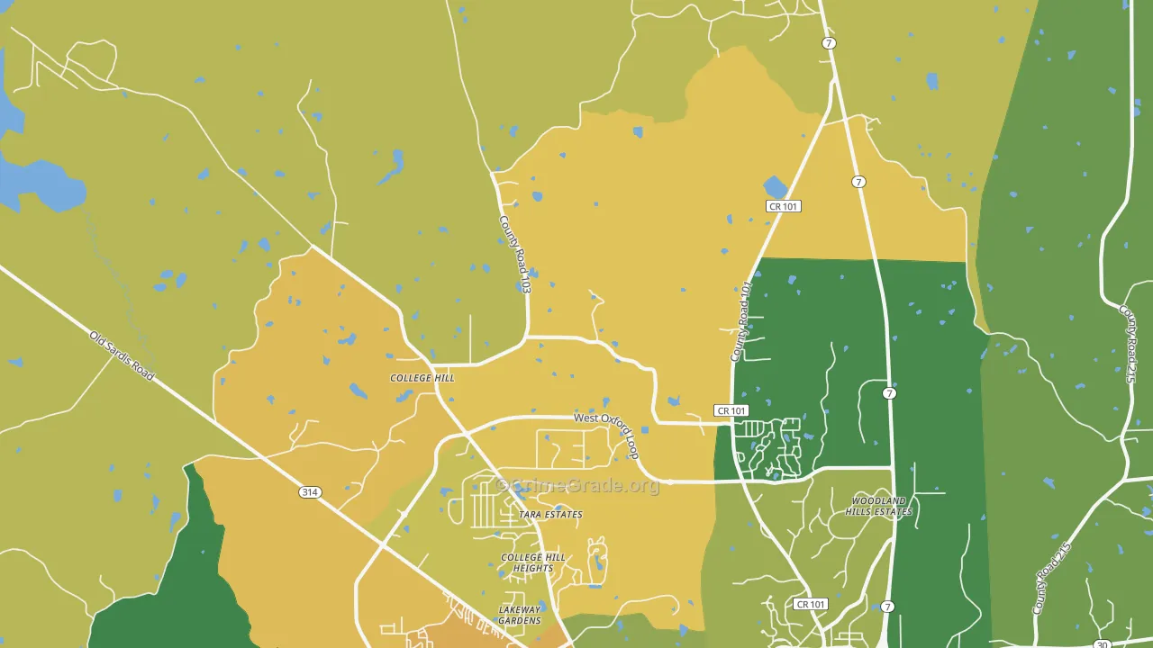 College Hill, MS Map of Burglary Rates