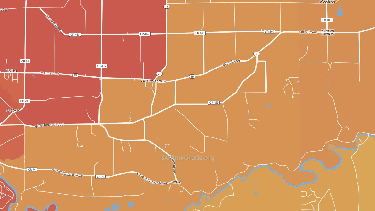 Collins Center, NY Map of Burglary Rates