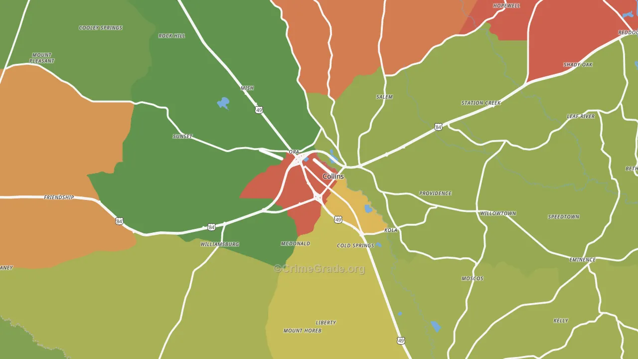 Collins, MS Map of Burglary Rates