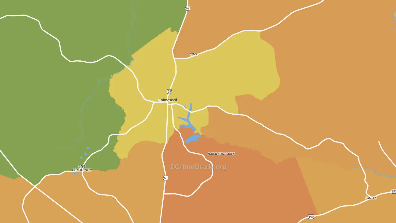 Colmesneil, TX Map of Burglary Rates
