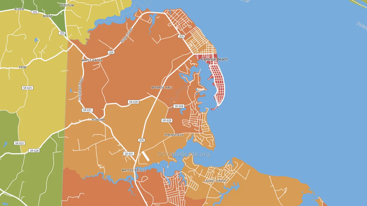 Colonial Beach, VA Map of Burglary Rates