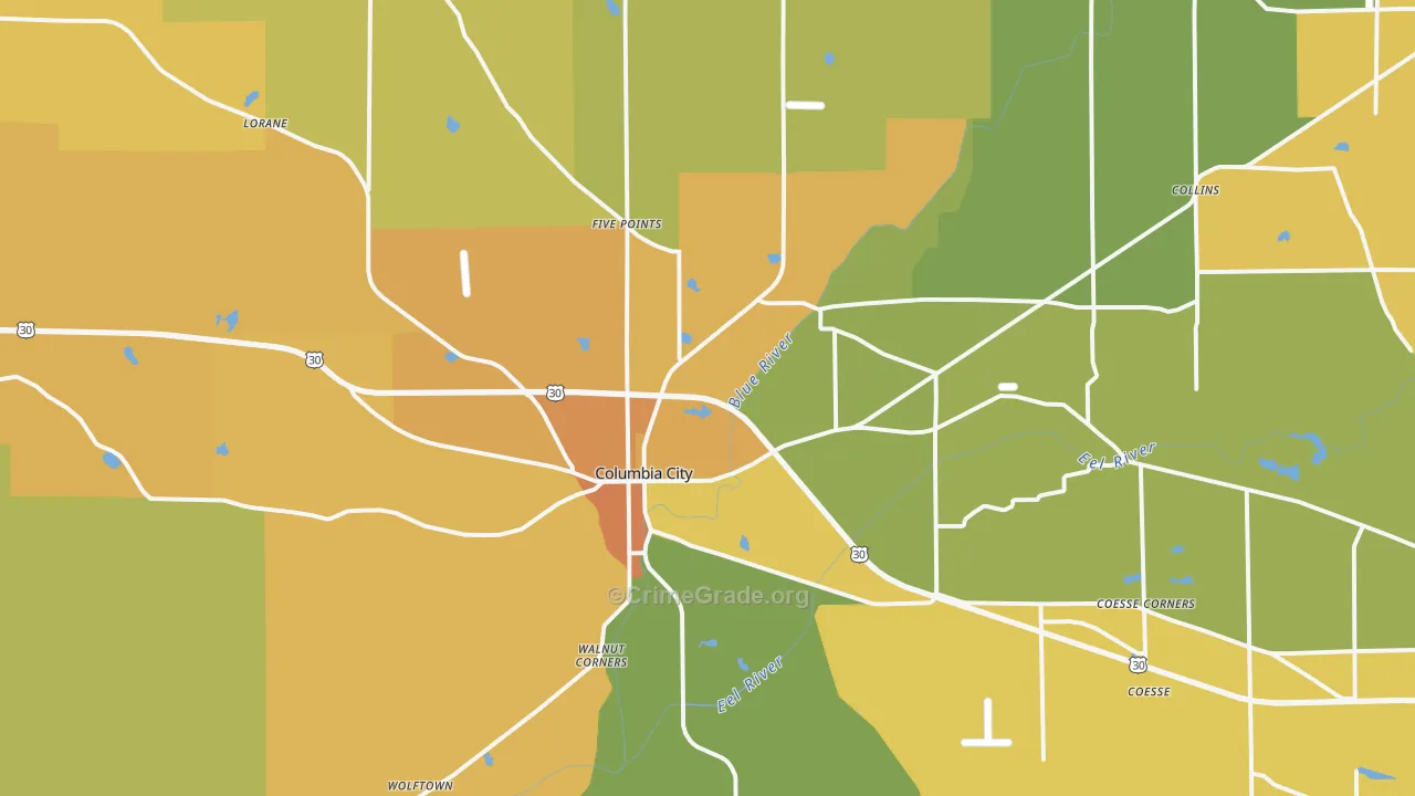Columbia City, IN Map of Burglary Rates