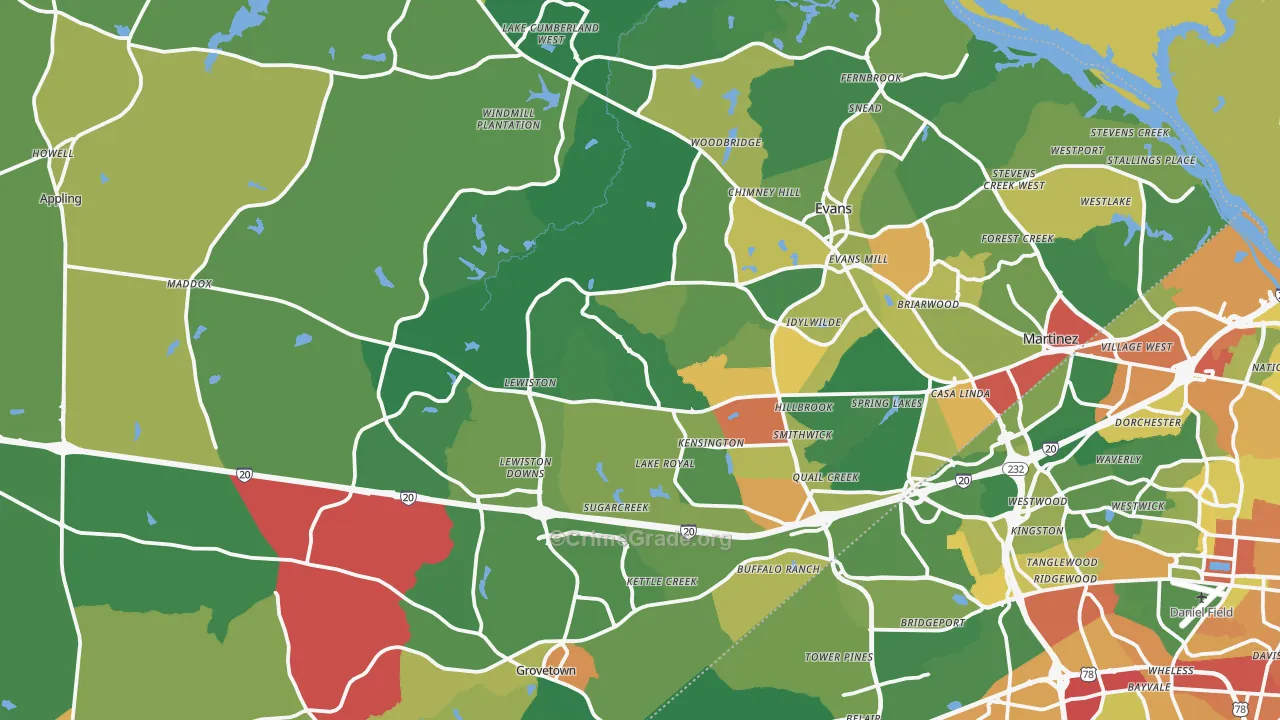 Columbia County, GA Map of Burglary Rates