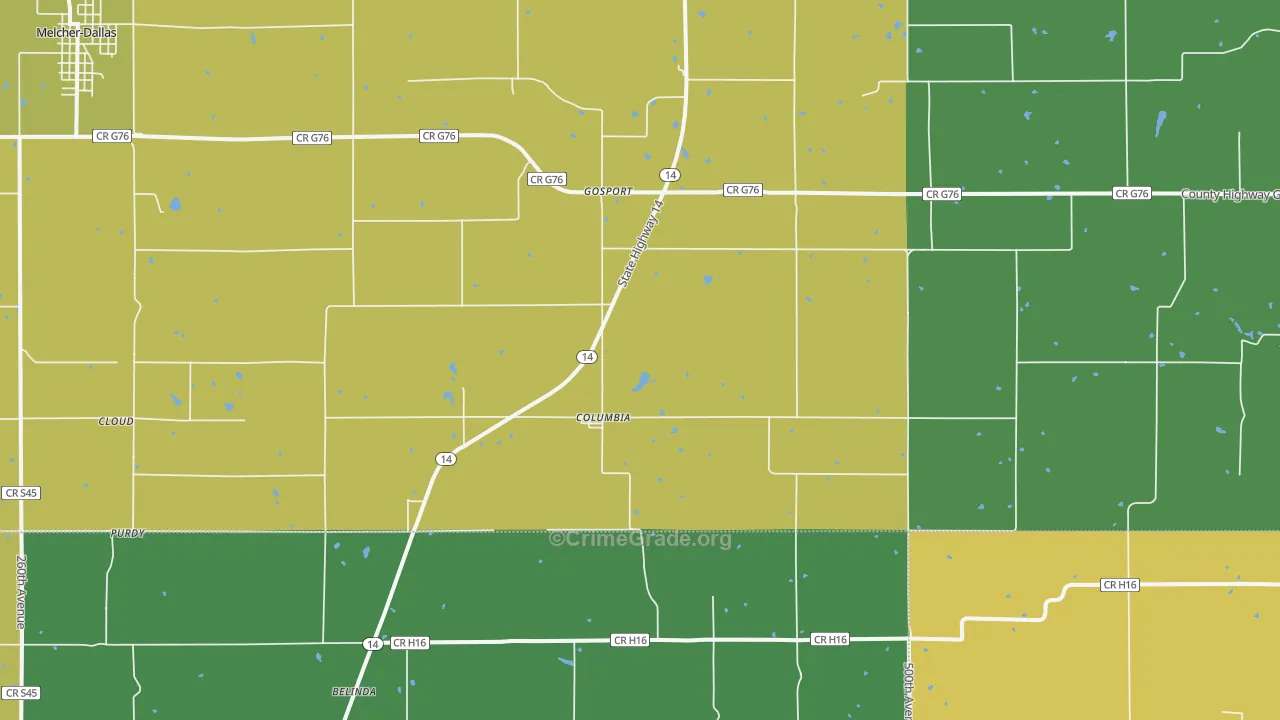 Columbia, IA Map of Burglary Rates