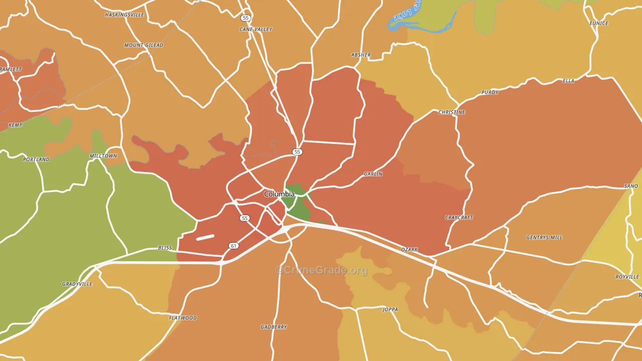 Columbia, KY Map of Burglary Rates