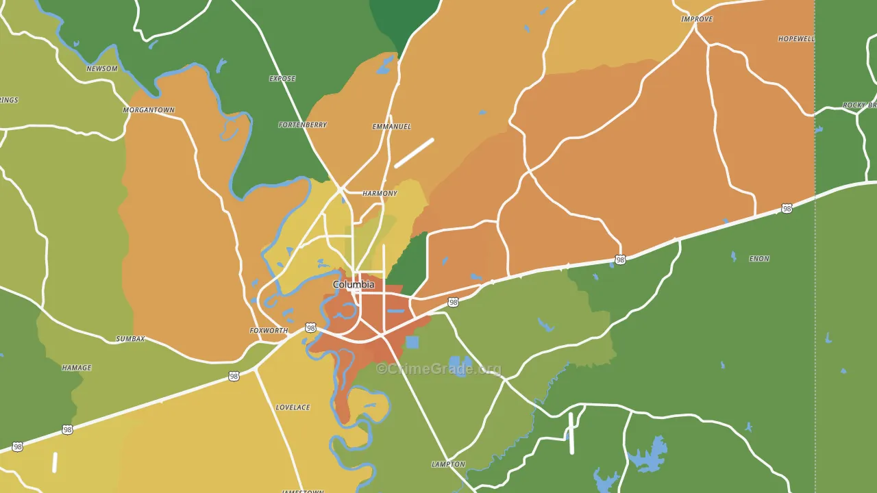 Columbia, MS Map of Burglary Rates