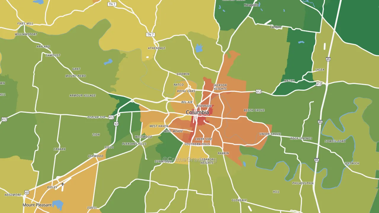 Columbia, TN Map of Burglary Rates