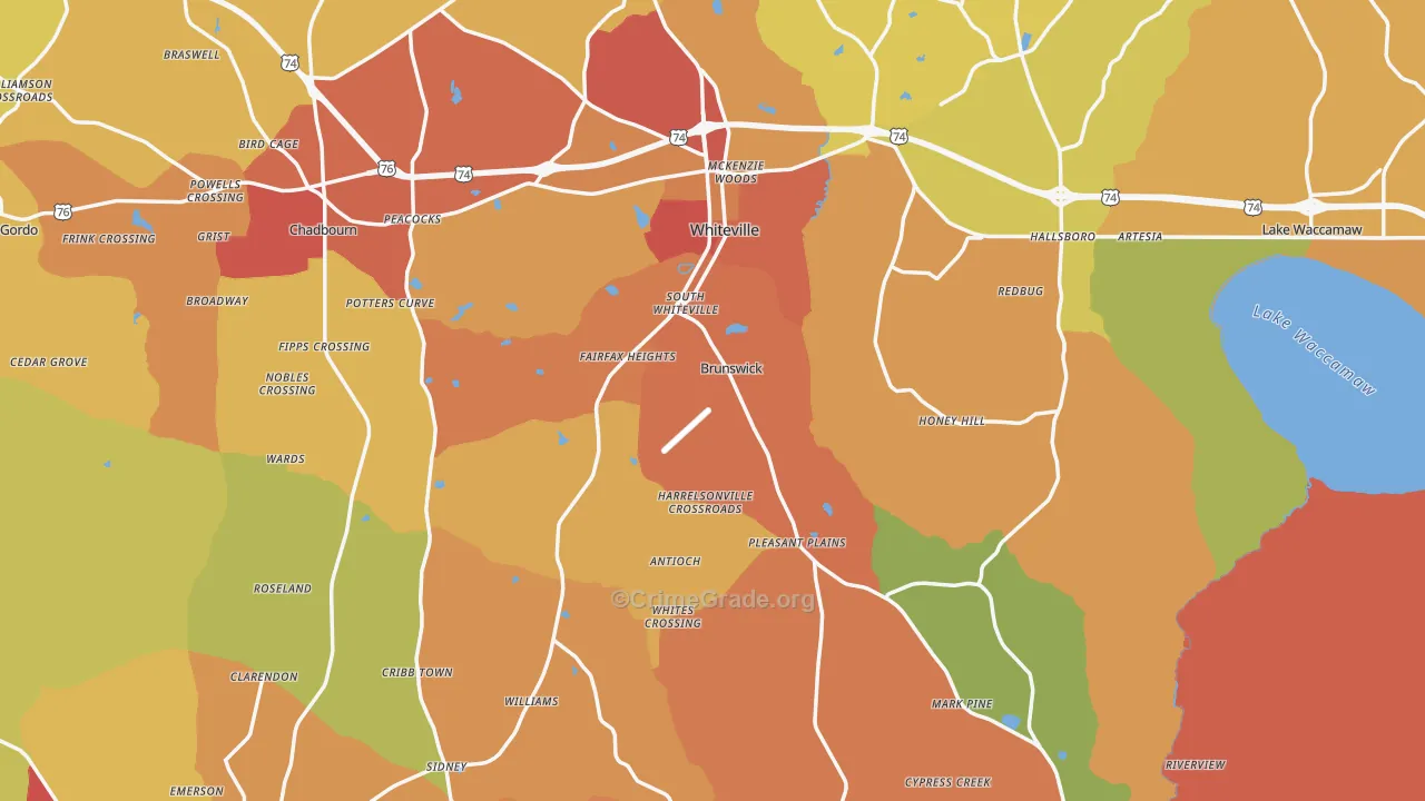 Columbus County, NC Map of Burglary Rates