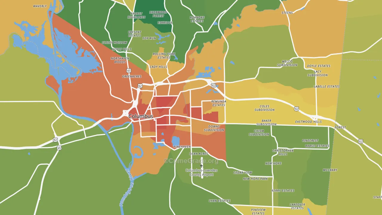 Columbus, MS Map of Burglary Rates