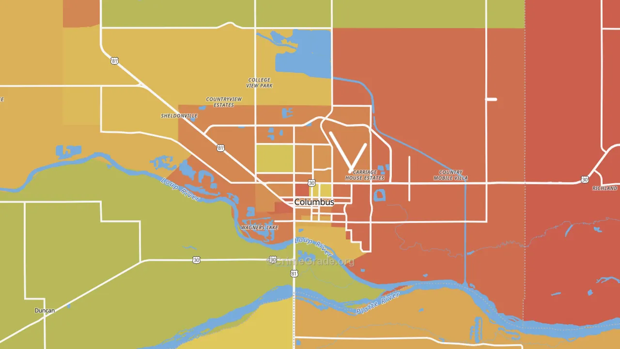 Columbus, NE Map of Burglary Rates