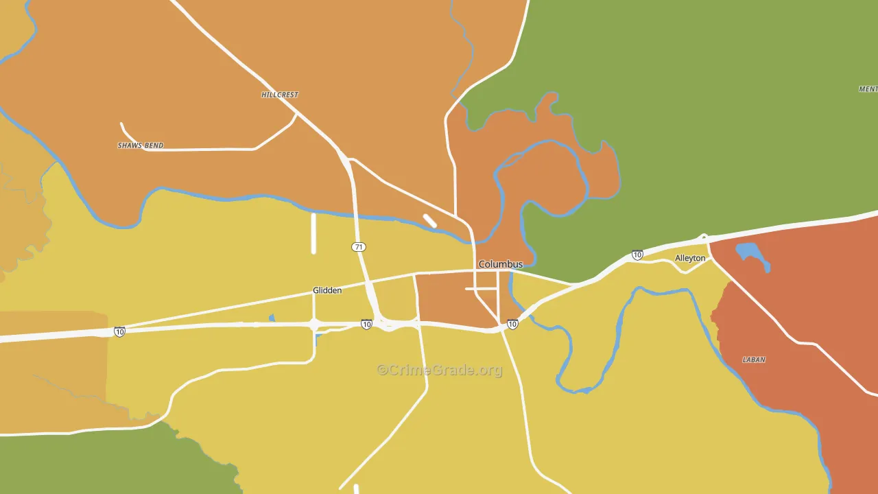 Columbus, TX Map of Burglary Rates