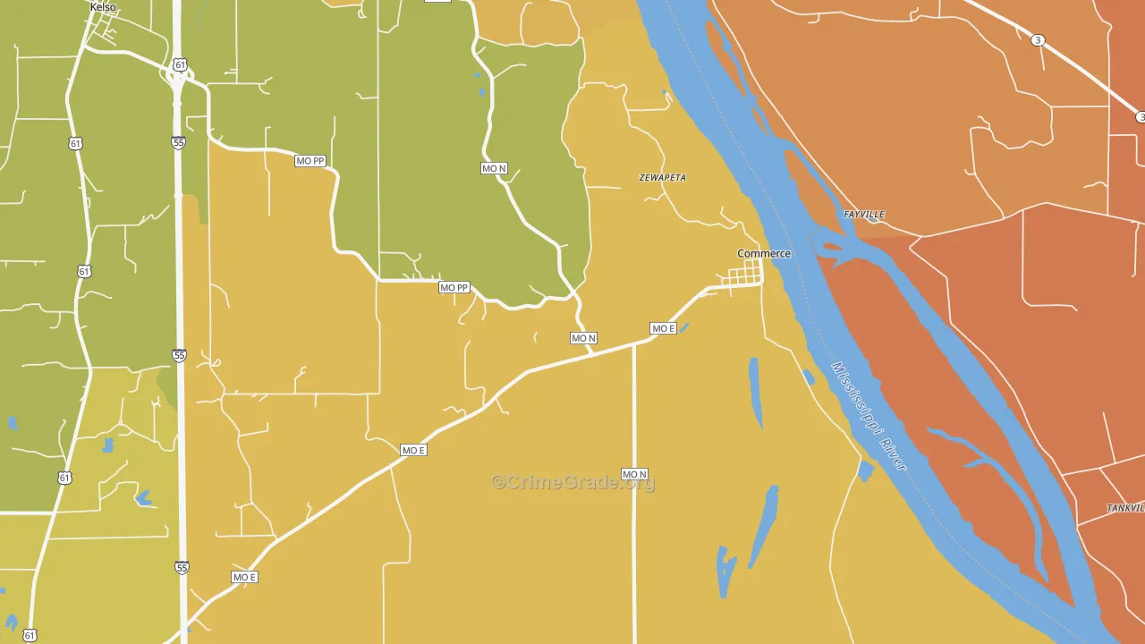 Commerce, MO Map of Burglary Rates