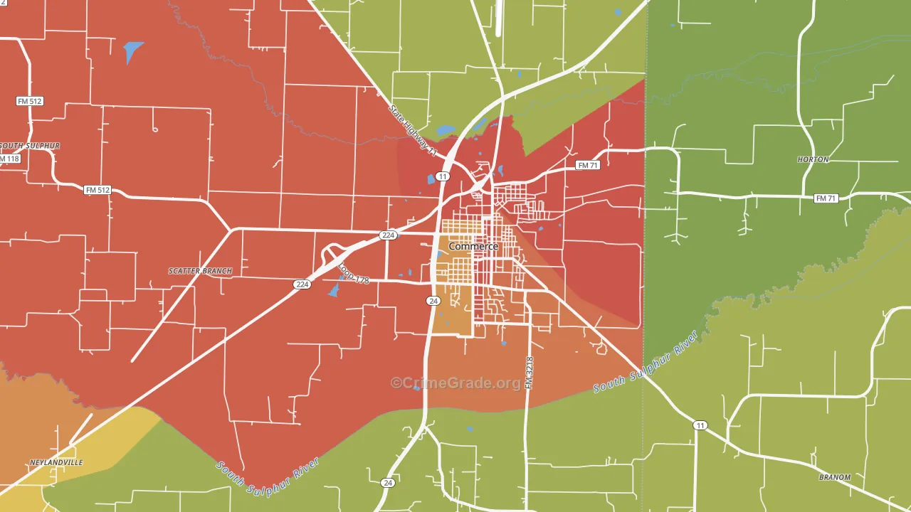 Commerce, TX Map of Burglary Rates