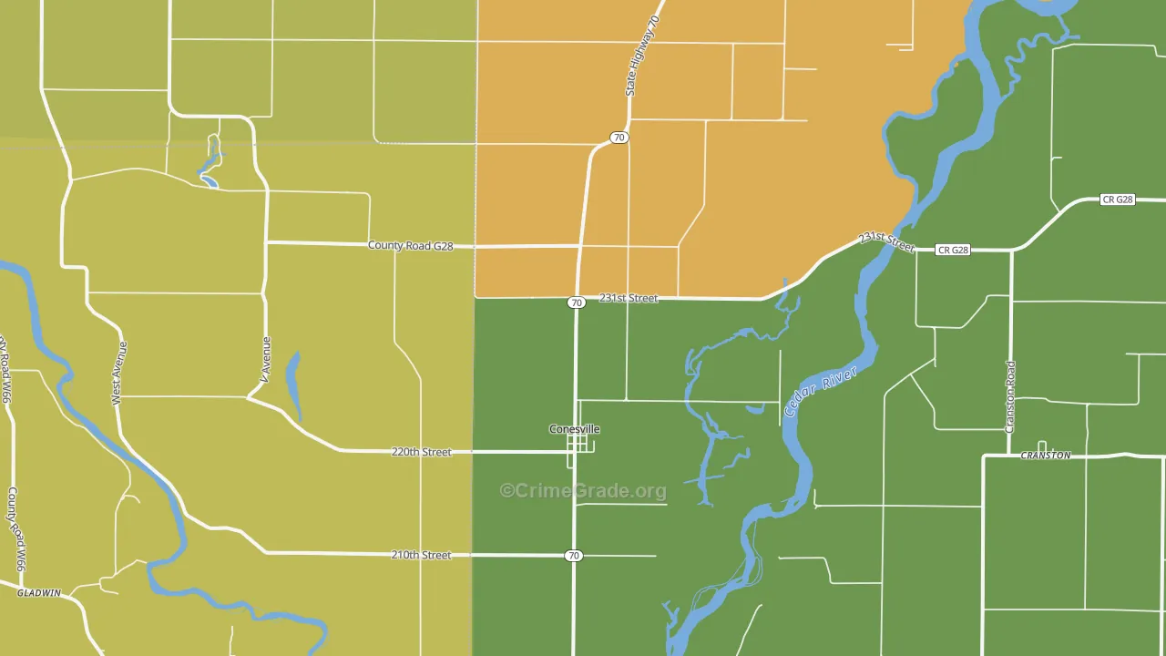 Conesville, IA Map of Burglary Rates