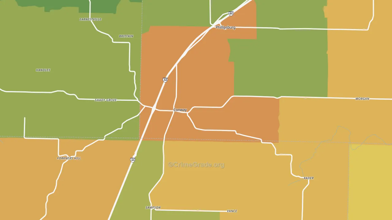 Conway, MO Map of Burglary Rates