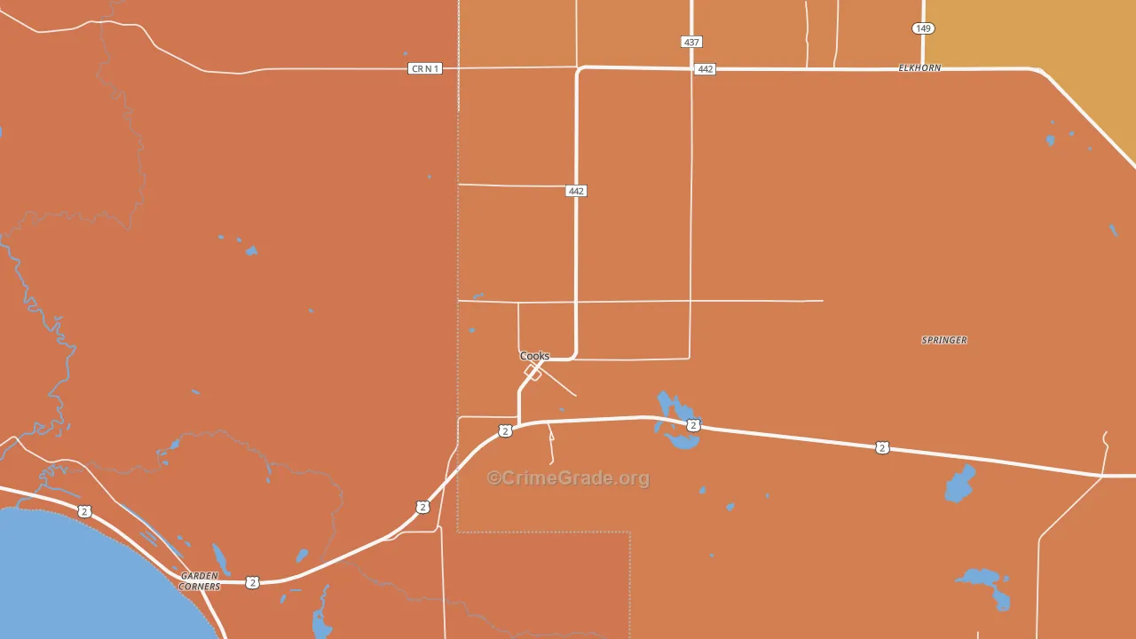 Cooks, MI Map of Burglary Rates