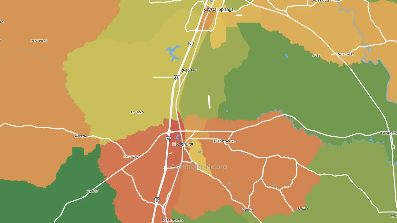 Copiah County, MS Map of Burglary Rates