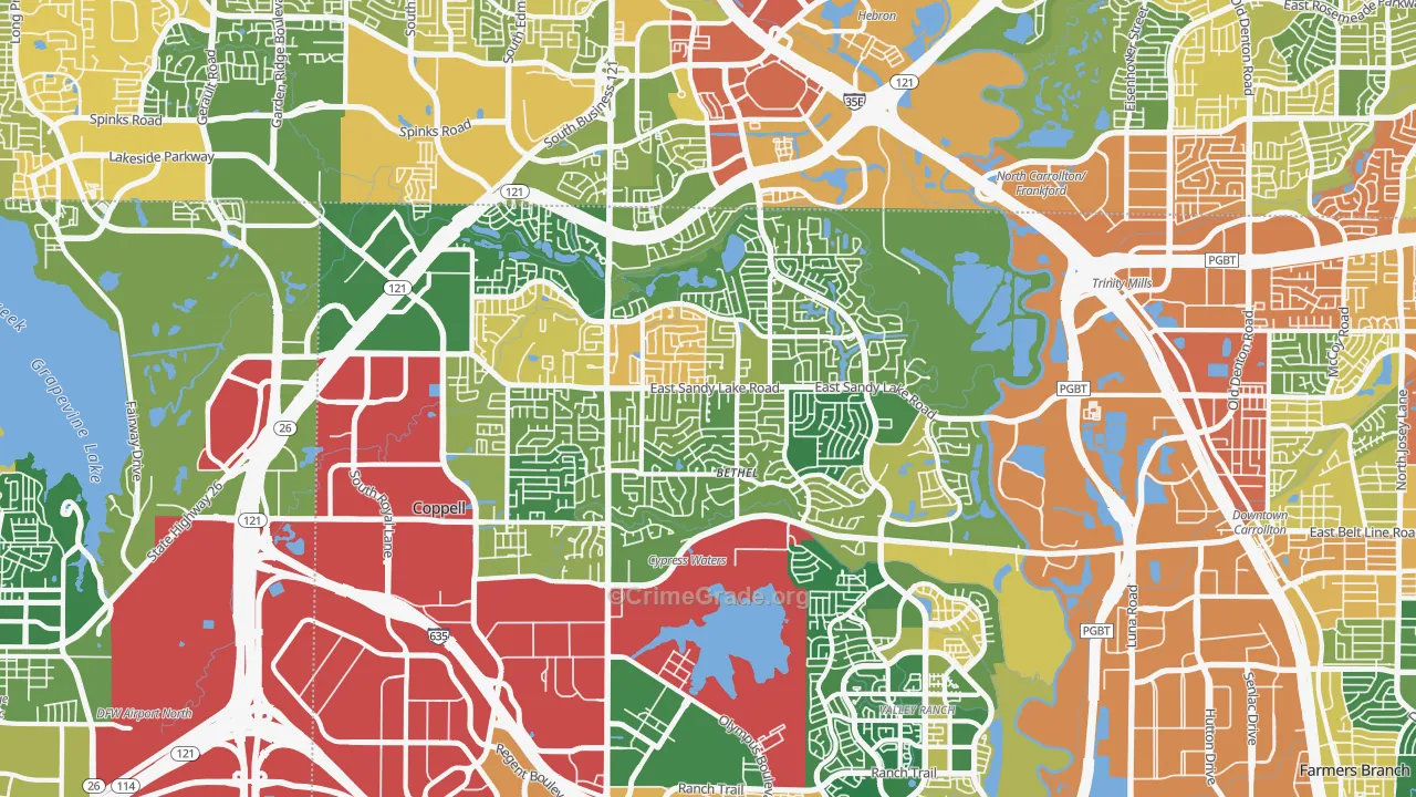 Coppell, TX Map of Burglary Rates