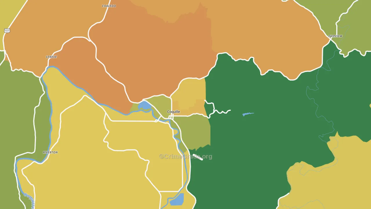 Coquille, OR Map of Burglary Rates