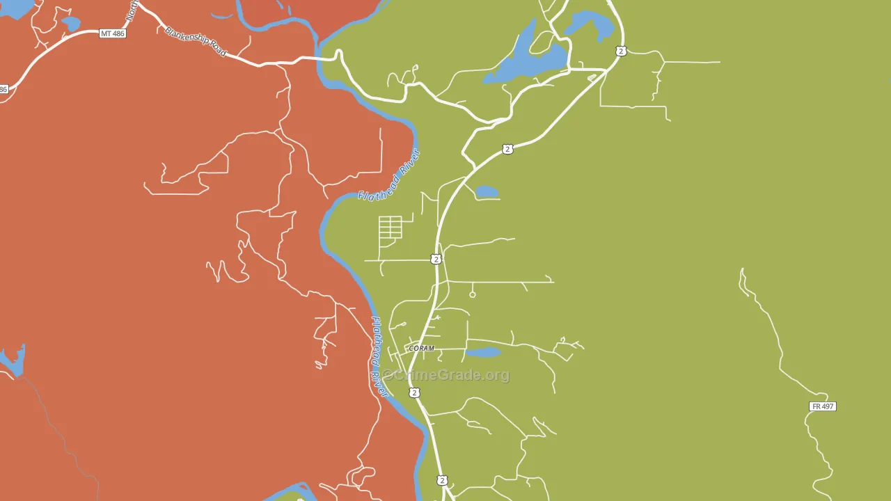 Coram, MT Map of Burglary Rates